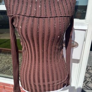Vintage Y2K Cache Chocolate Ribbed
Beaded Cowl Neck Sweater Long Sleeve